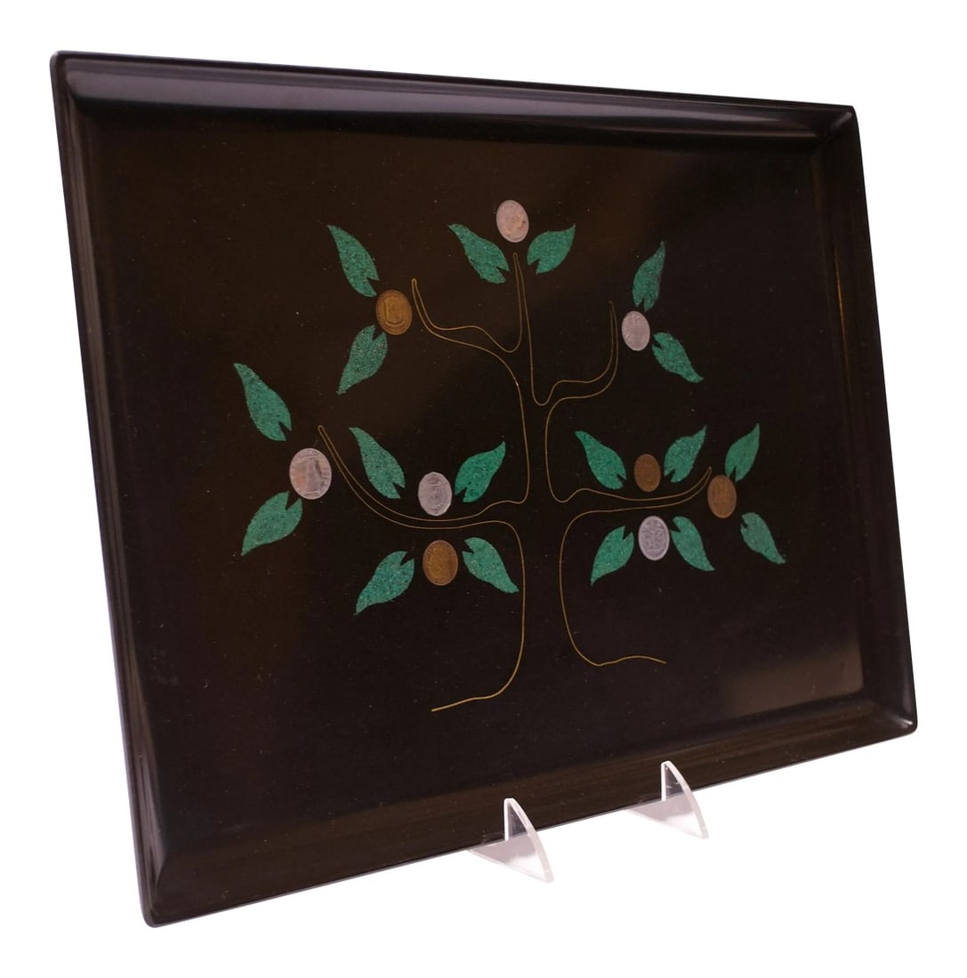 Large Mid-Century Black Resin Inlaid "Tree of Life" Tray by Couroc: Large decorative tray by Couroc of Monterey, California with a tree of life motif (circa 1960s). Composed of a black lacquer phenolic resin (water, burn, stain, and detergent resistant plastic) with i