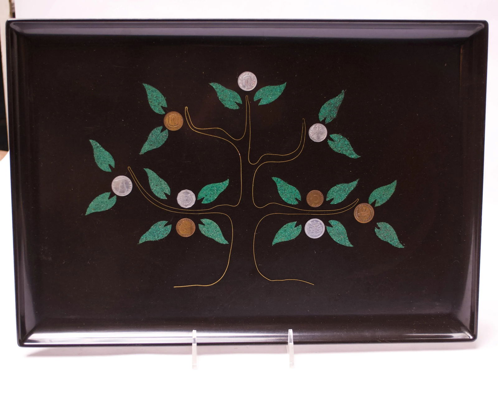 Large Mid-Century Black Resin Inlaid "Tree of Life" Tray by Couroc - 2
