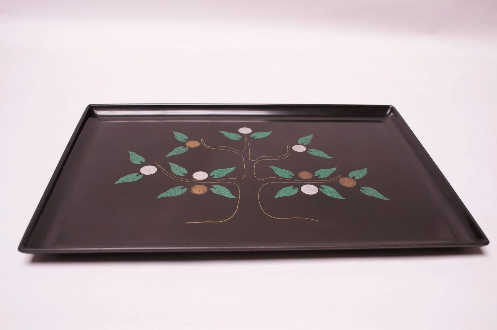 Large Mid-Century Black Resin Inlaid "Tree of Life" Tray by Couroc - 3