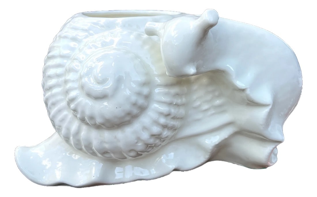 1960s Spanish White Majolica Snail Planter Cachepot Highly Detailed & Sculptural: Add a touch of whimsical Mediterranean elegance to your space with this 1960s Spanish white majolica snail planter. Exquisitely crafted and richly detailed, this sculptural piece features a beautifull