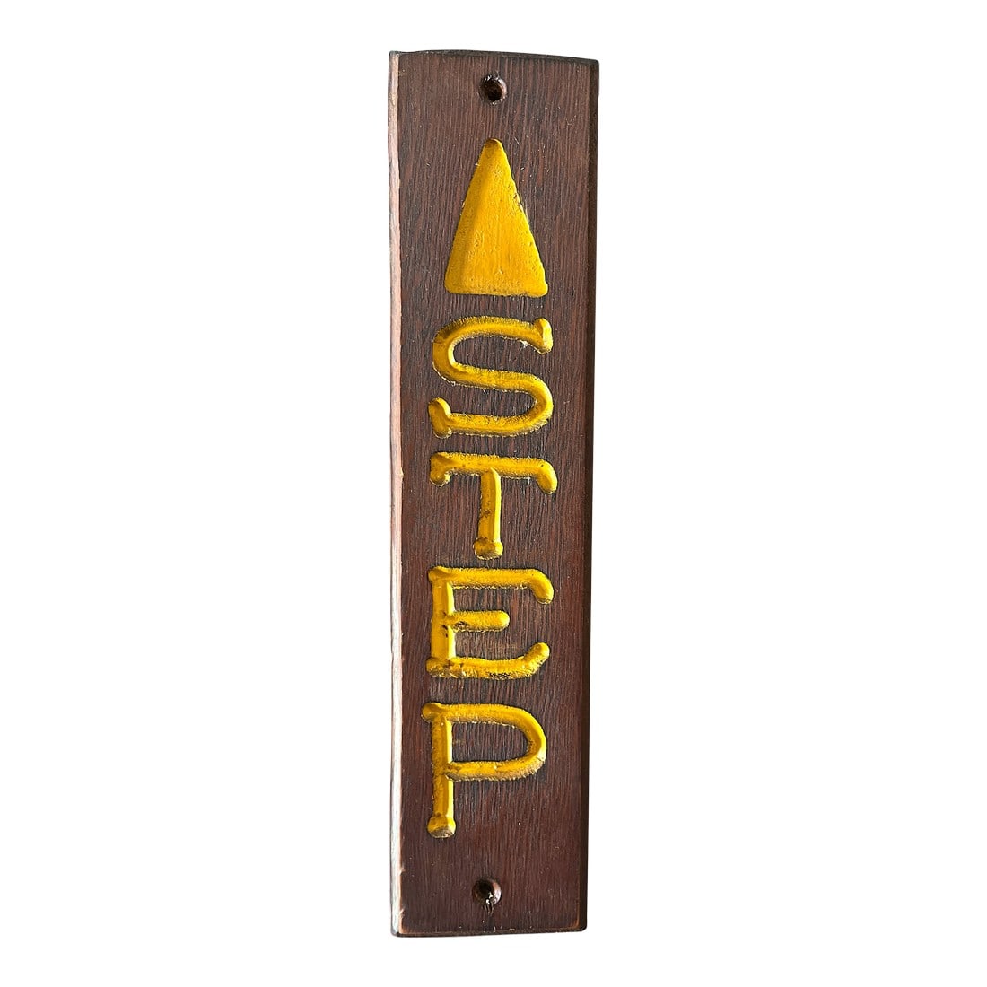 1980s Hand-Carved Wooden "Step" Sign "” Yellow Relief Lettering With Arrow 12" X 2.5: Hand-carved wooden "STEP" sign, one of two available, featuring raised yellow lettering and an arrow motif. Crafted as wayfinding markers for a restaurant, the signs have a wonderful folk-art se