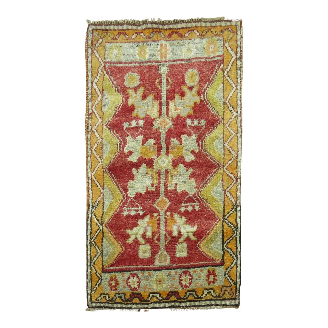 Zabihi Collection Small Turkish Rug: Mini size mid 20th century turkish anatolian rug Measures: 1'10'' x 3' Condition: Alterations: Original Condition Unaltered Imperfections: Some Imperfections Condition Notes: Good Dimensions: 