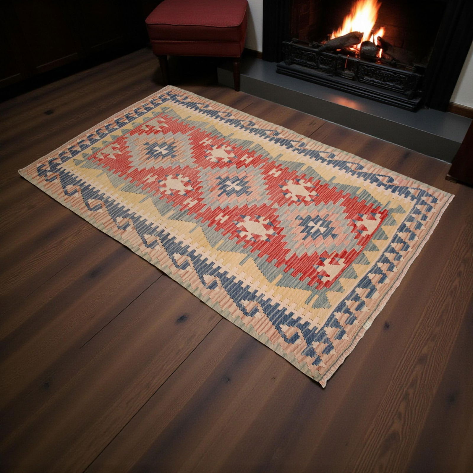 Soft Colors Hand Woven Vintage Turkish Rug Kilim 1980 Wool Natural Dyes Accent Rug 3'7"x 6' - 2