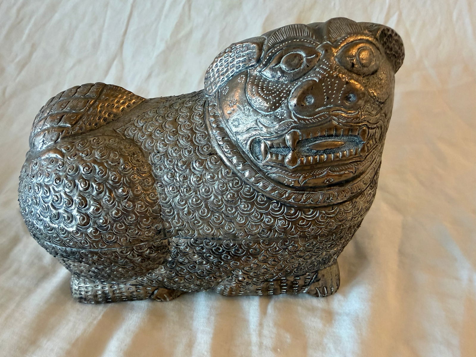 Large Antique Cambodian Silver-Plated Foo/Fu Dog Box - 2