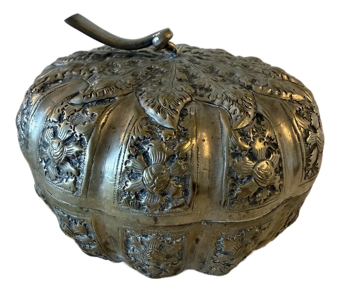Large Antique Cambodian Silver-Plated Pumpkin Box, Mid-20th Century (1 of 8)