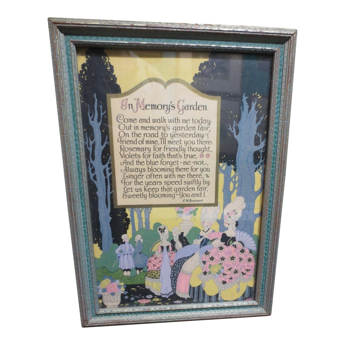 Art Deco Art Print of Memory's Garden: In Memory's garden, a Deco print in the style of French Pichoirs, with a sweet poem of life's reflections. Characters are seen in classic French 17th-century court dress and a romantic, storybook