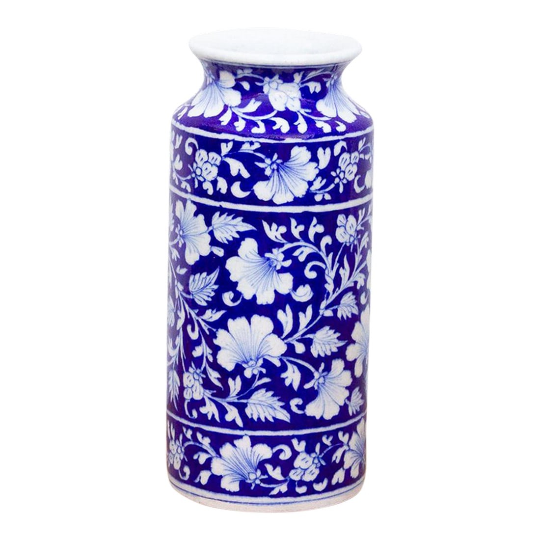 Blue & White Jaipur Pottery Vase: A vibrant example of Jaipur's most famous craft, "Blue Pottery." Historically introduced to India by the Mughals, this art form is distinct because the "dough" is made from quartz stone powder and gla