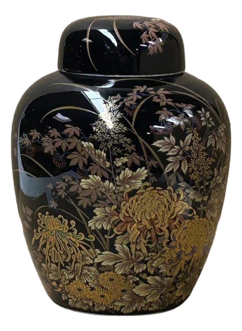 Oriental Black Glaze Porcelain Small Round Jar Golden Flower Graphic (1 of 5)