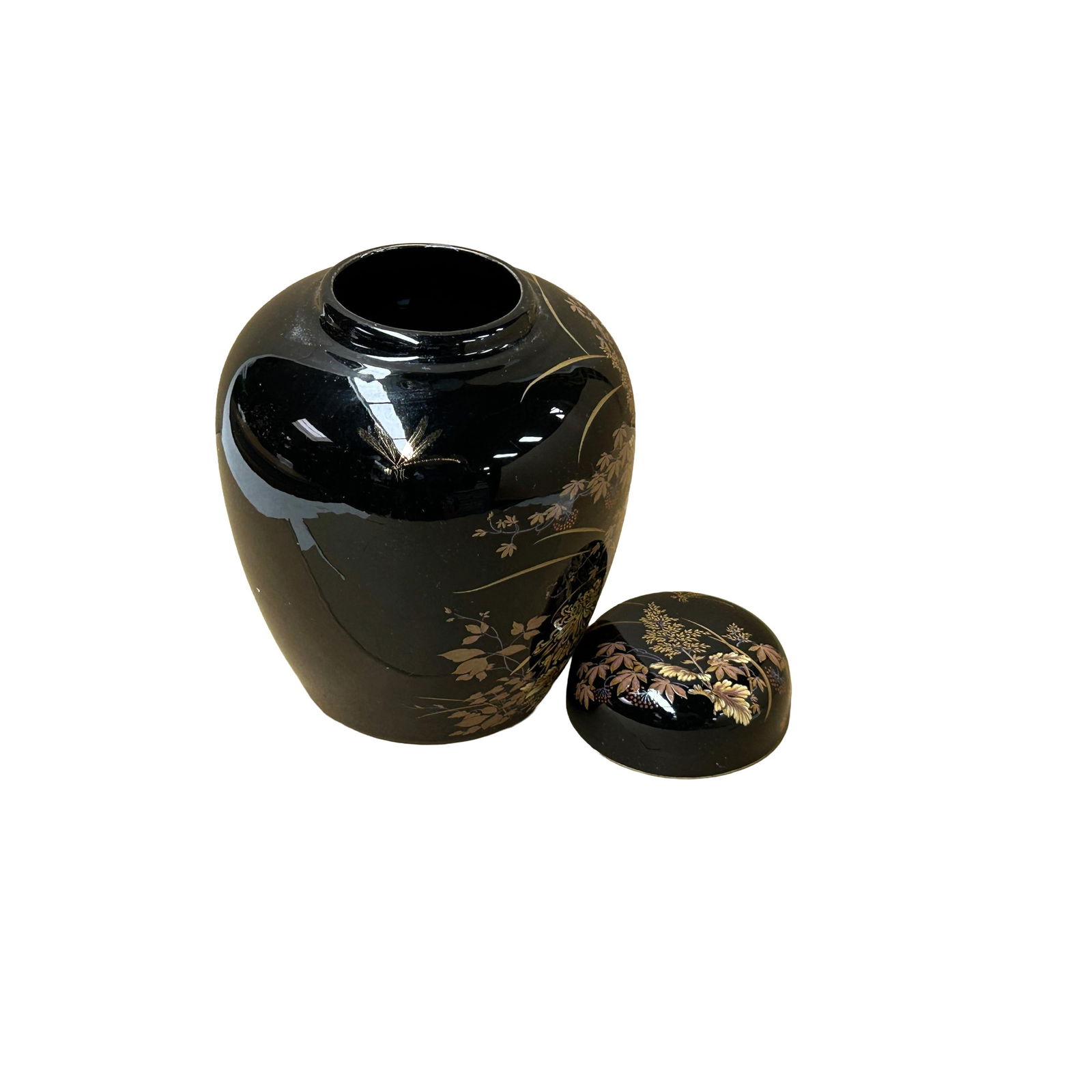 Oriental Black Glaze Porcelain Small Round Jar Golden Flower Graphic - 3