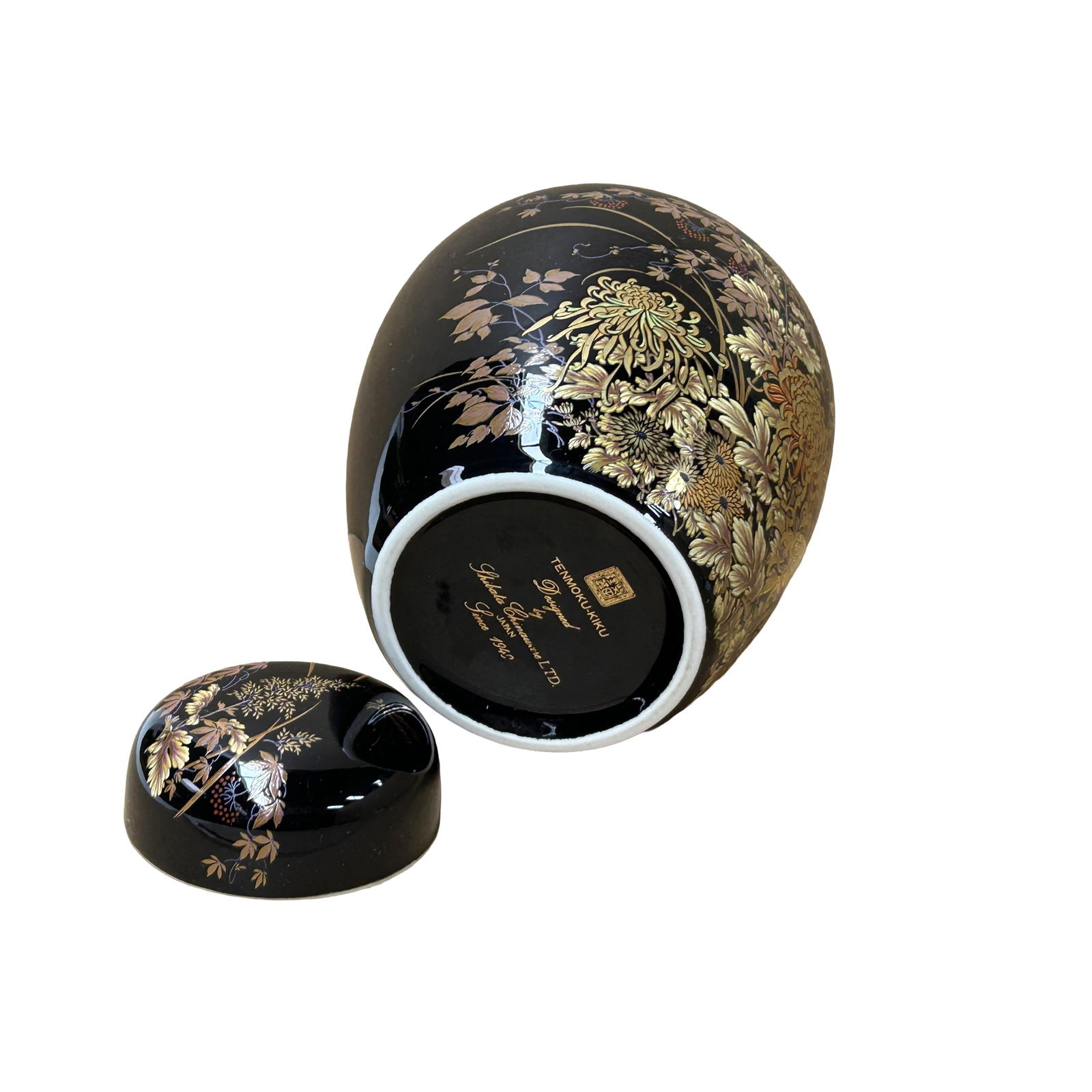 Oriental Black Glaze Porcelain Small Round Jar Golden Flower Graphic - 4