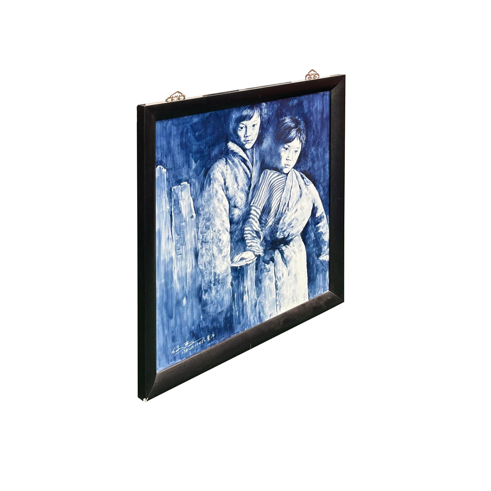 Contemporary Blue White People Graphic Porcelain Wood Framed Art - 2