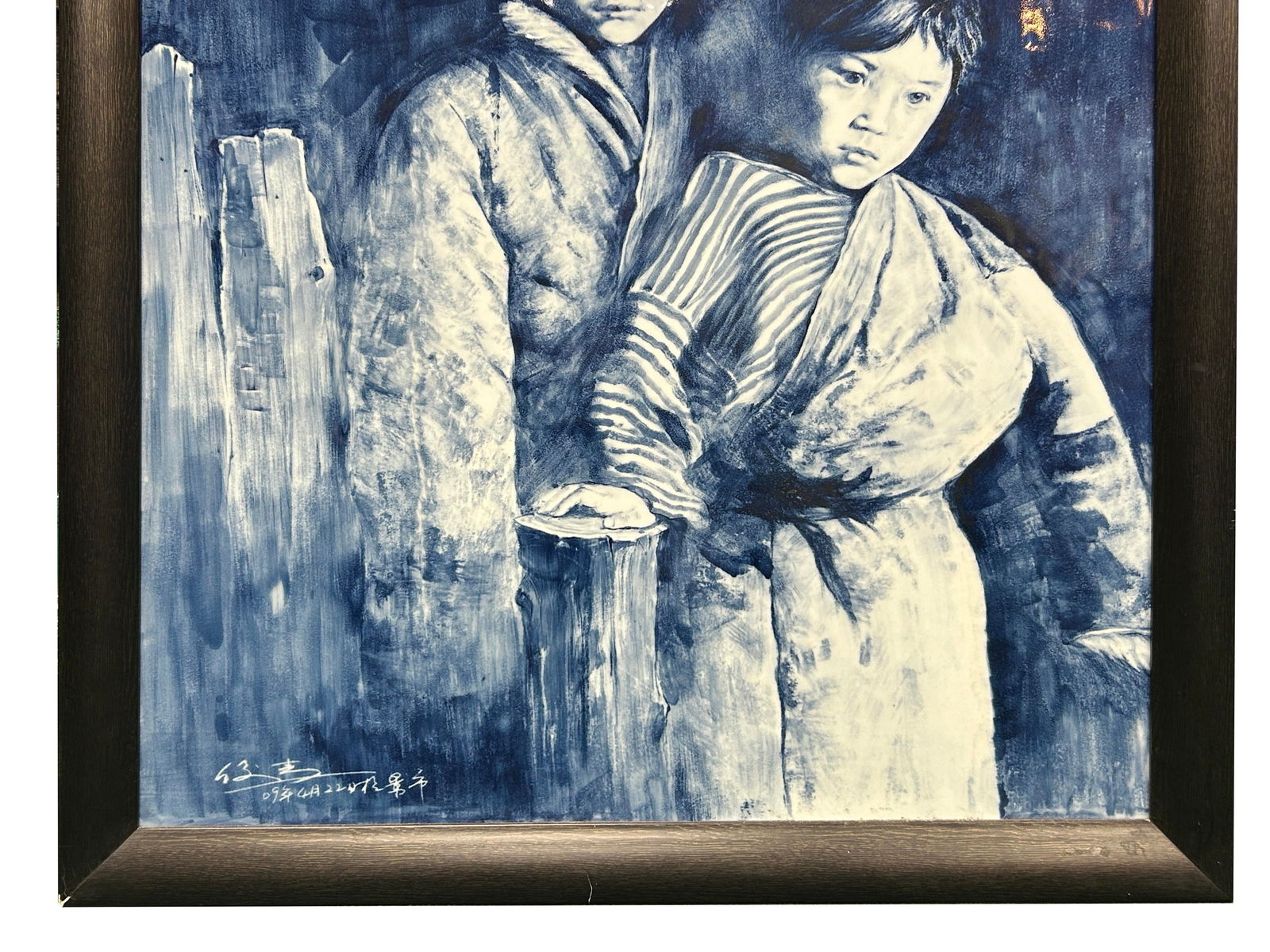 Contemporary Blue White People Graphic Porcelain Wood Framed Art - 5