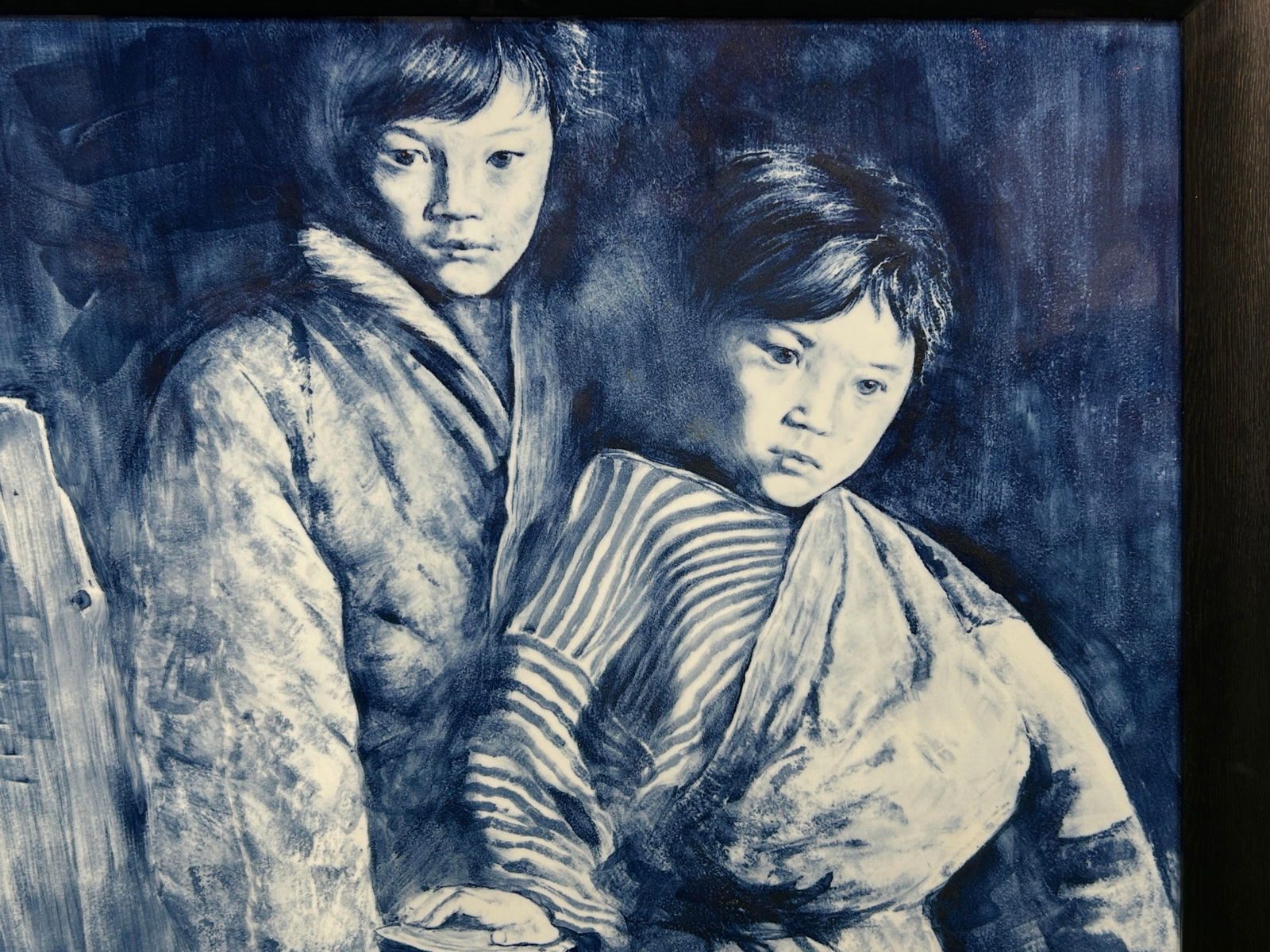 Contemporary Blue White People Graphic Porcelain Wood Framed Art - 6