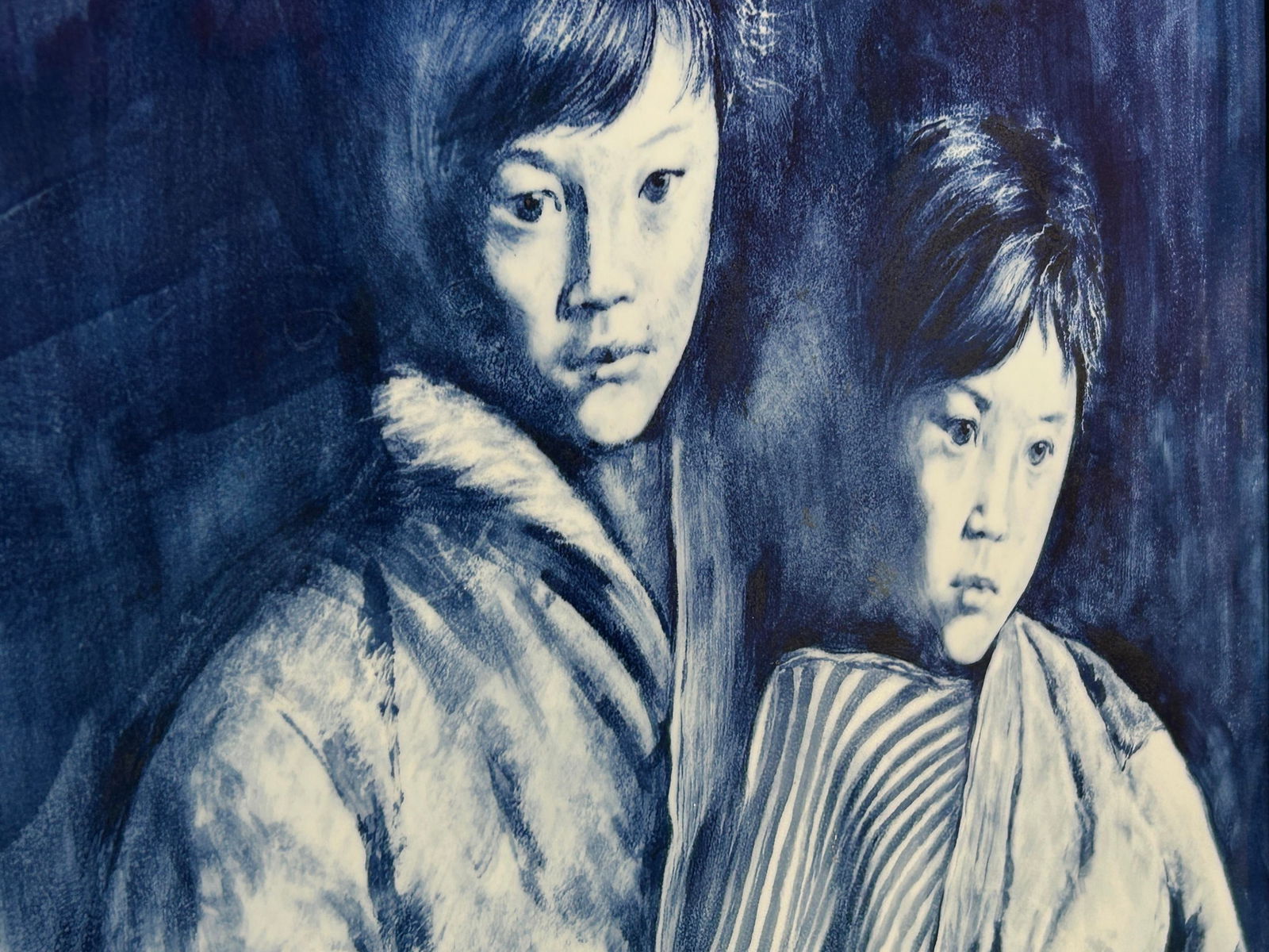 Contemporary Blue White People Graphic Porcelain Wood Framed Art - 9