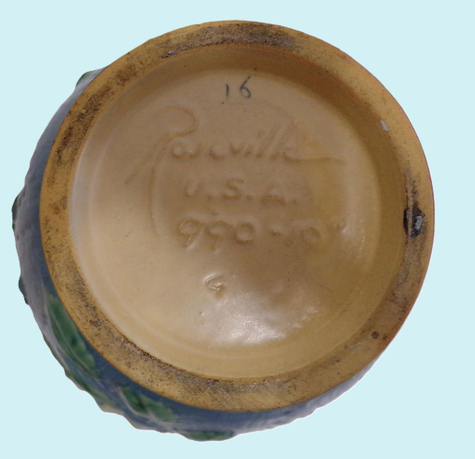 1940s Roseville Pottery Pitcher, Blue & White Flowers and Leaves - Large (10 Inches Tall) - 10