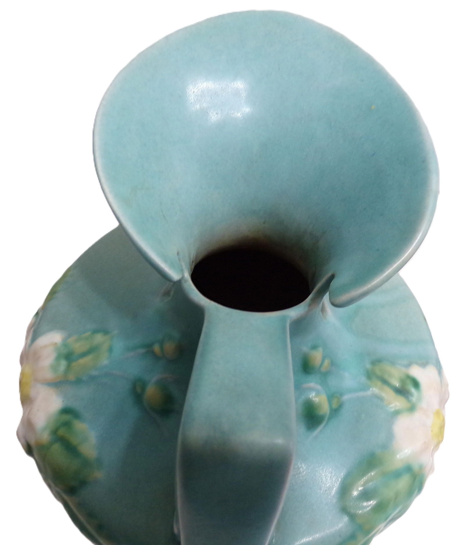 1940s Roseville Pottery Pitcher, Blue & White Flowers and Leaves - Large (10 Inches Tall) - 11