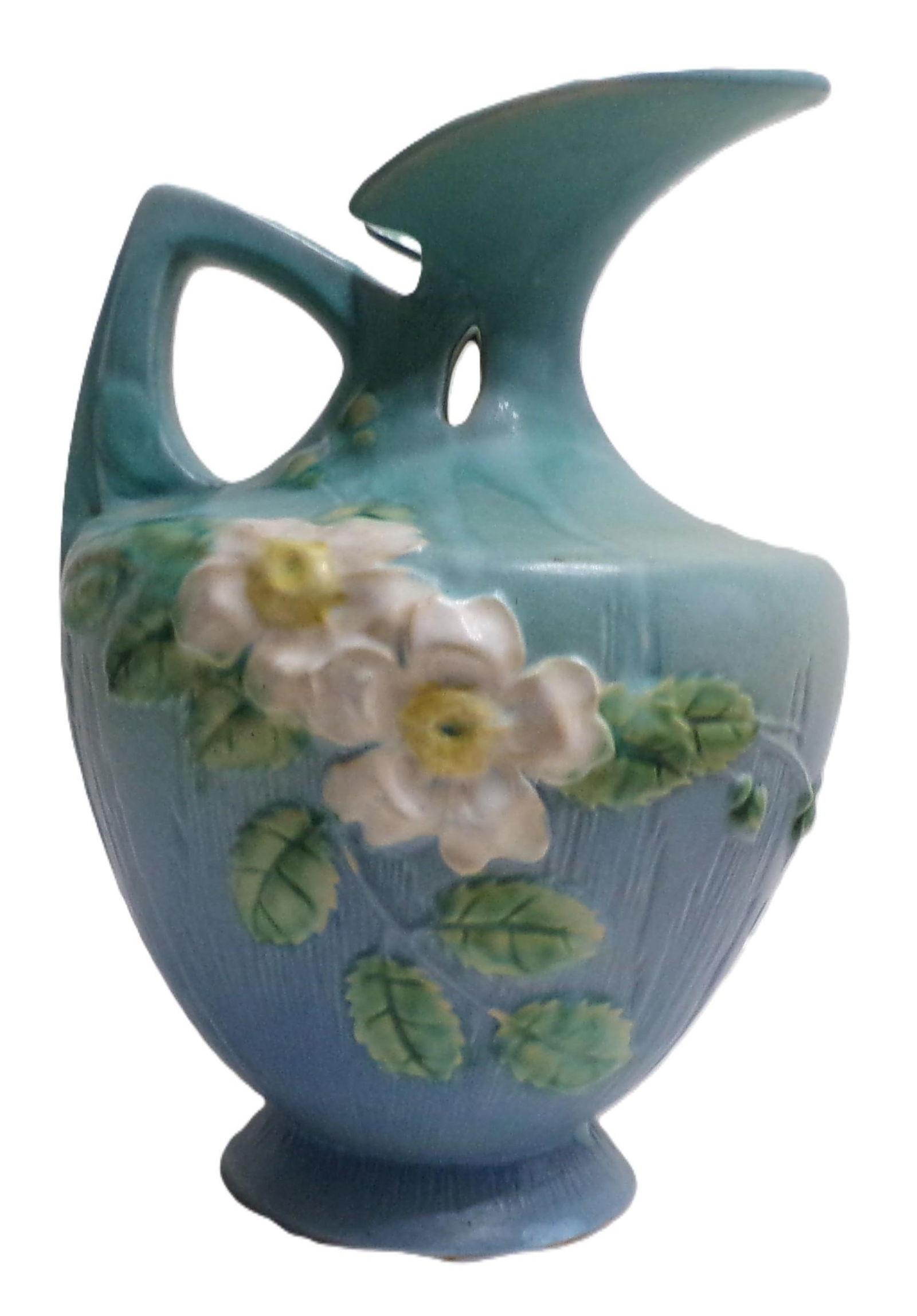 1940s Roseville Pottery Pitcher, Blue & White Flowers and Leaves - Large (10 Inches Tall) - 2