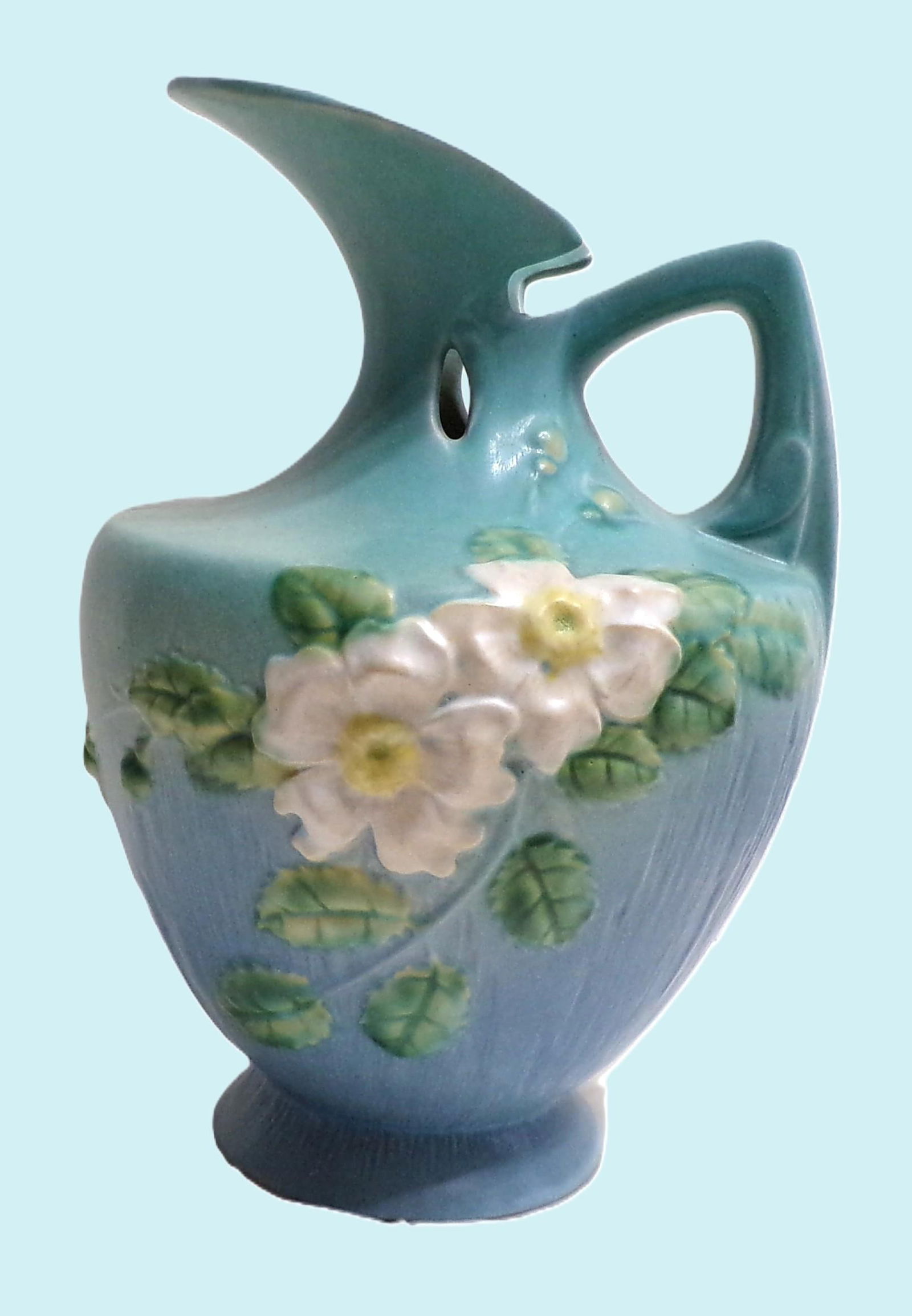 1940s Roseville Pottery Pitcher, Blue & White Flowers and Leaves - Large (10 Inches Tall) - 3