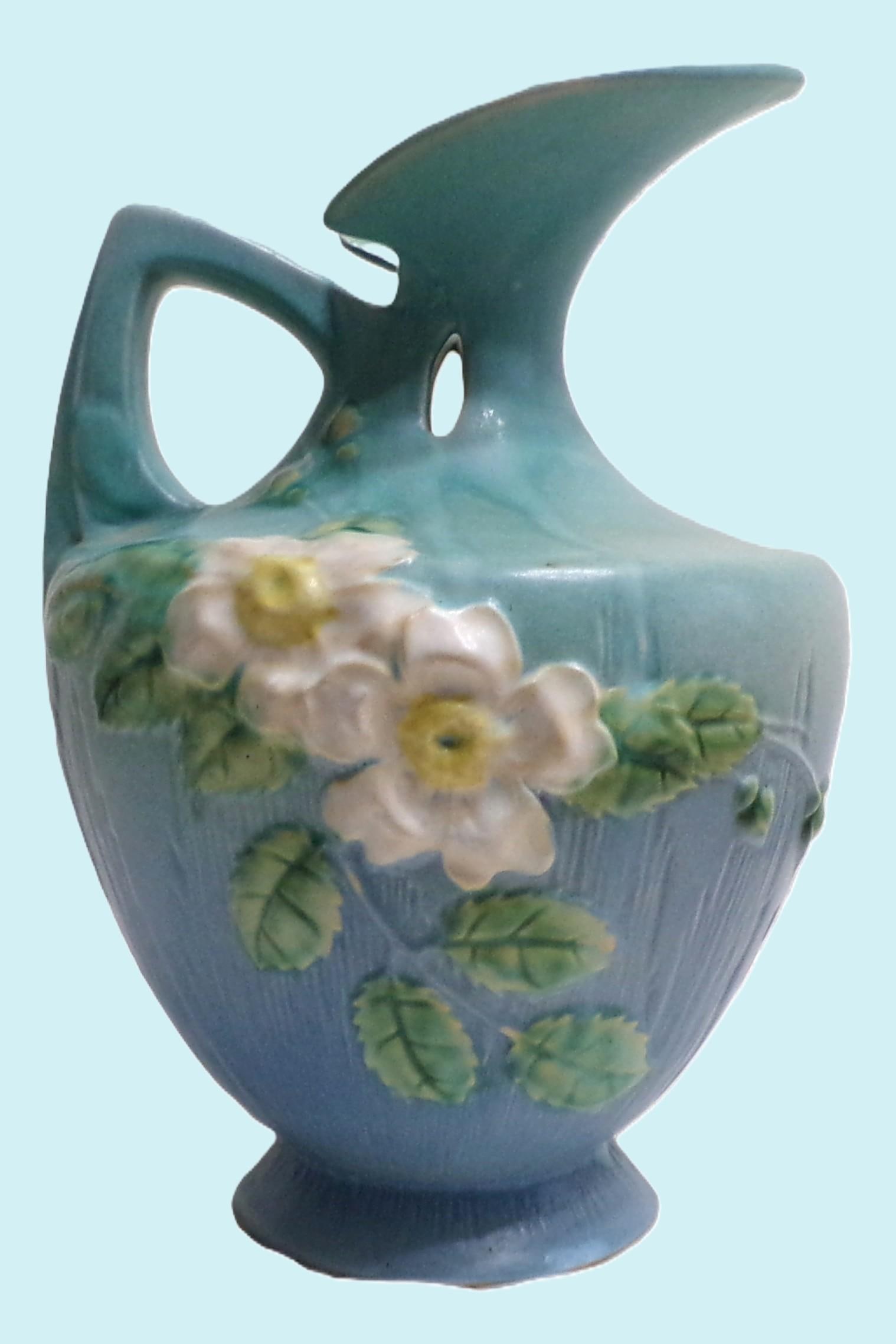 1940s Roseville Pottery Pitcher, Blue & White Flowers and Leaves - Large (10 Inches Tall) - 4