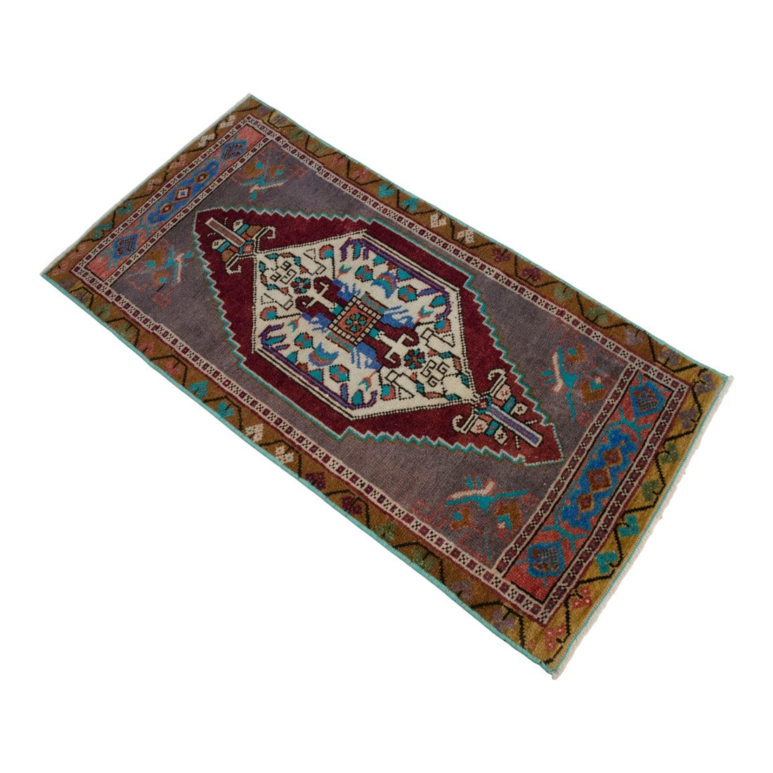 1970s Hand Knotted Door Mat, Entryway Rug, Bath Mat, Kitchen Decor, Small Rug, Turkish Rug - 1'7": Vintage Turkish Hand-Knotted Small Rug / Doormat from Oushak, 1970, featuring warm burgundy and soft stone-gray tones and authentic village craftsmanship "” durable for everyday use, perfect