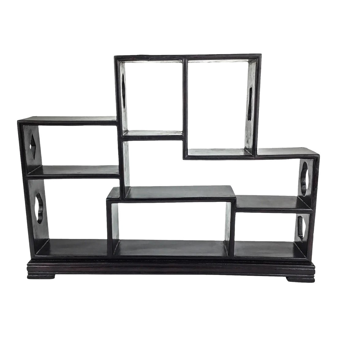 Vintage Chinese Ming Style Miniature Tabletop Rosewood Etagere: Detailed design in a traditional Ming style Chinese trinket shelf. Small compartments are perfect for your small delicate treasures. We don't find these anymore. This piece has been lovingly stored aw