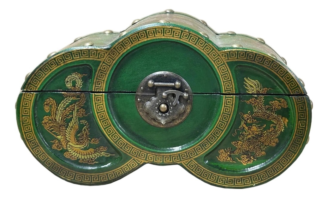 Oriental Bright Green Flower Bird Graphic Circles Shape Container Box: Capture the essence of ancient elegance with this stunning, handcrafted Oriental treasure chest. Finished in a deep, vibrant jade green, this uniquely contoured box features intricate gold-leaf