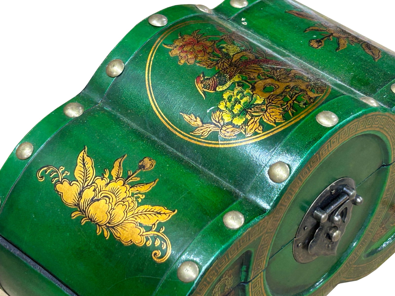 Oriental Bright Green Flower Bird Graphic Circles Shape Container Box - 4