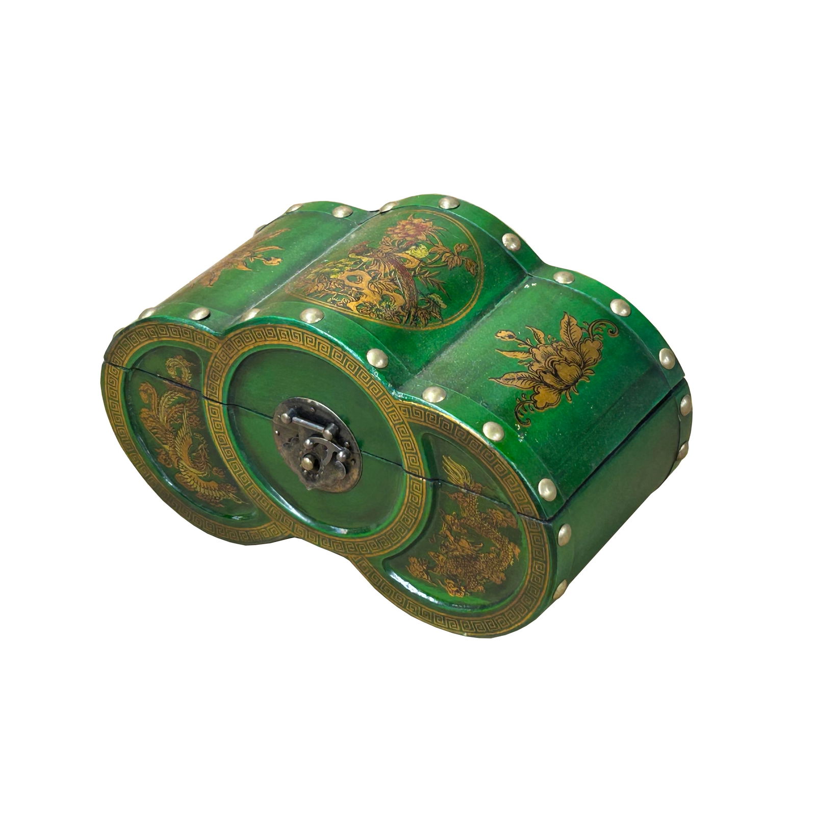 Oriental Bright Green Flower Bird Graphic Circles Shape Container Box - 8