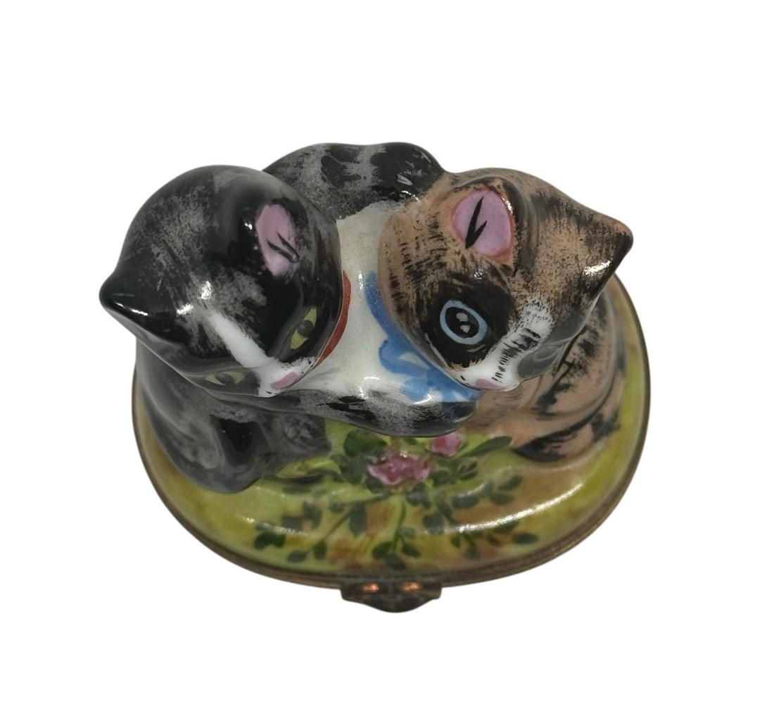 Vintage Limoges Porcelain Two Cats Hinged Trinket Box Hand-Painted by Rochaud - 8