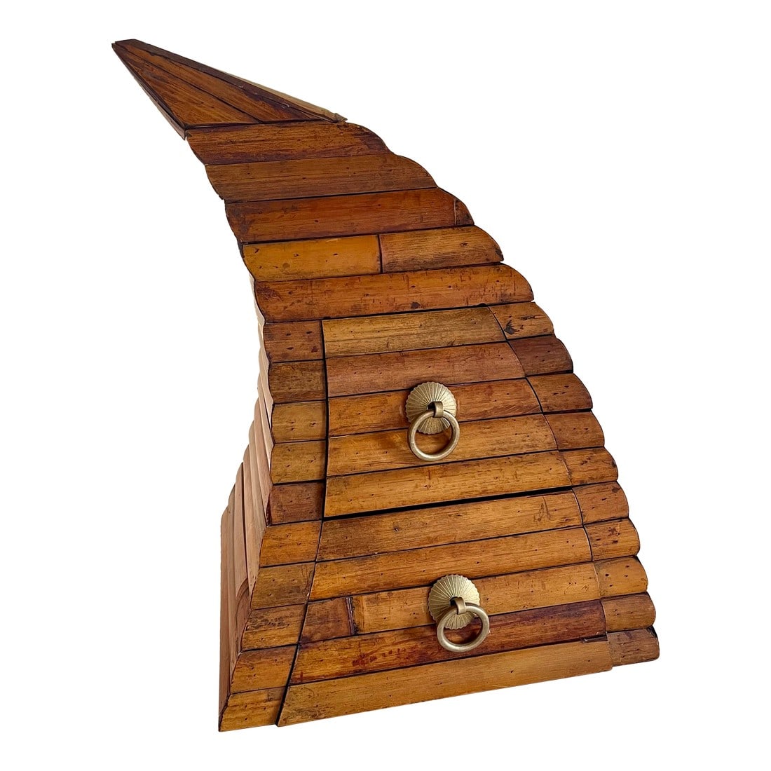 Vintage Abstract Bamboo Rustic Two Drawer Chest: Abstract bamboo two-drawer chest with a wonderfully rustic, brutalist, and eclectic vibe. The sculptural shape is reminiscent of the Harry Potter Sorting Hat. Perfect as a treasure chest or jewelry ch