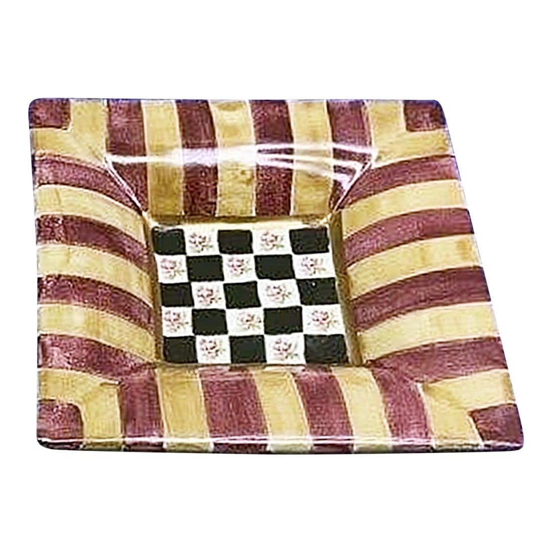 Early MacKenzie Childs Ceramic Cany or Nut Dish, C 1983: Here's a fun early MacKenzie Childs ceramic square serving bowl for nuts, candy or anything imaginable. It has that classic M/C checkerboard motif recognizable worldwide. Frank and Mustard stamped. Co