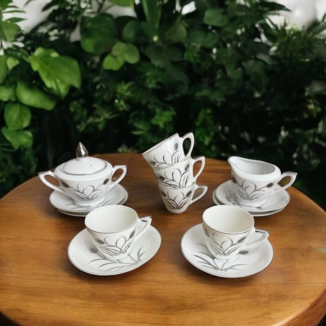 Mid 20th Century Lefton Platinum Wheat Hand Painted Demitasse Tea Coffee Sugar Creamer Set of 13 - 4