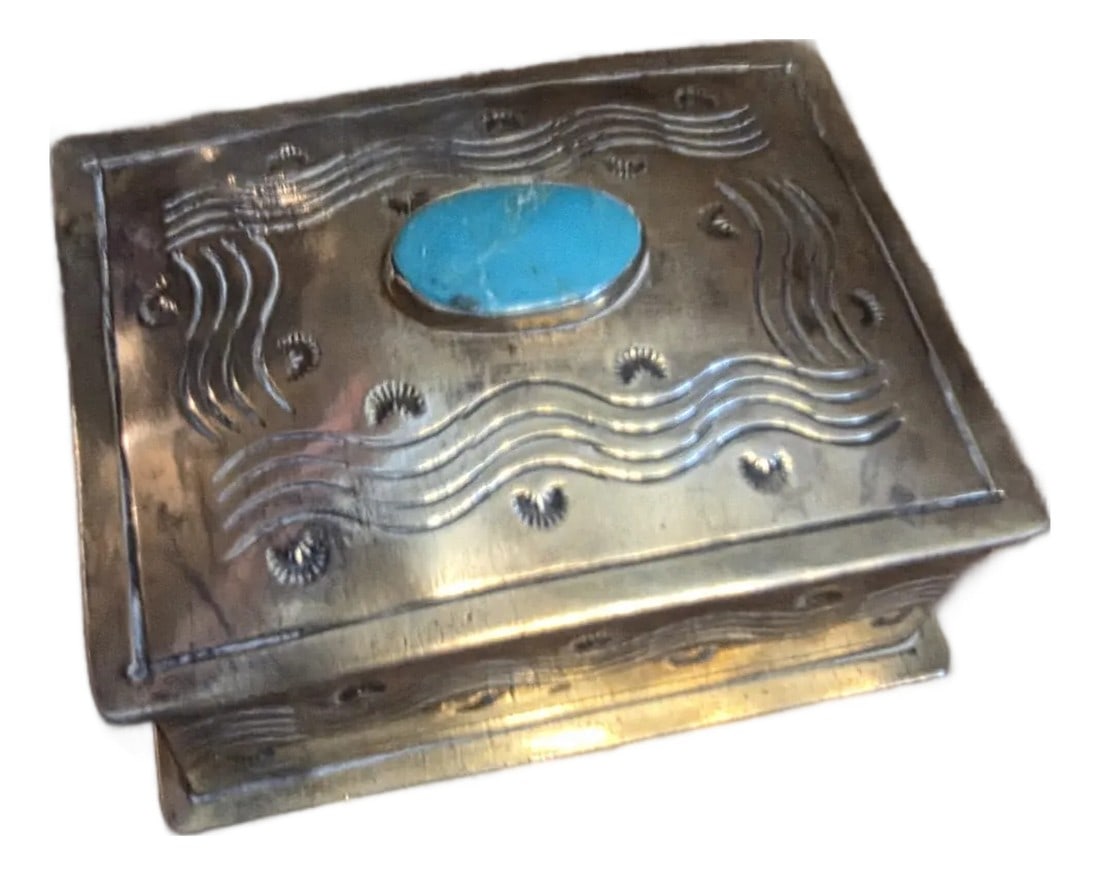 J. Alexander Turquoise and Stamped Silver Western Style Jewel Box: Silver clad Western Style Stamped Box with Turquoise Jewel. Condition: Alterations: Original Condition Unaltered Imperfections: Some Imperfections Condition Notes: Great Dimensions: Height: 2.5