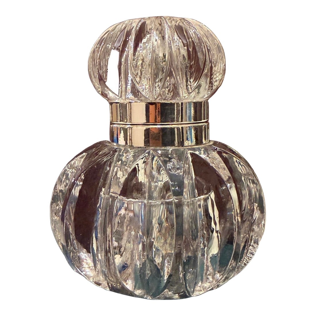 Early Vintage Art Deco Glass and Silver Plate Inkwell With Scalloped Edge and Hinged Lid, England: Early Vintage Art Deco cut glass and silver plate inkwell with hinged lid. The uniquely elegant curves of the base and lid will certainly add a touch of glamour to any surface it's set upon. The nearl