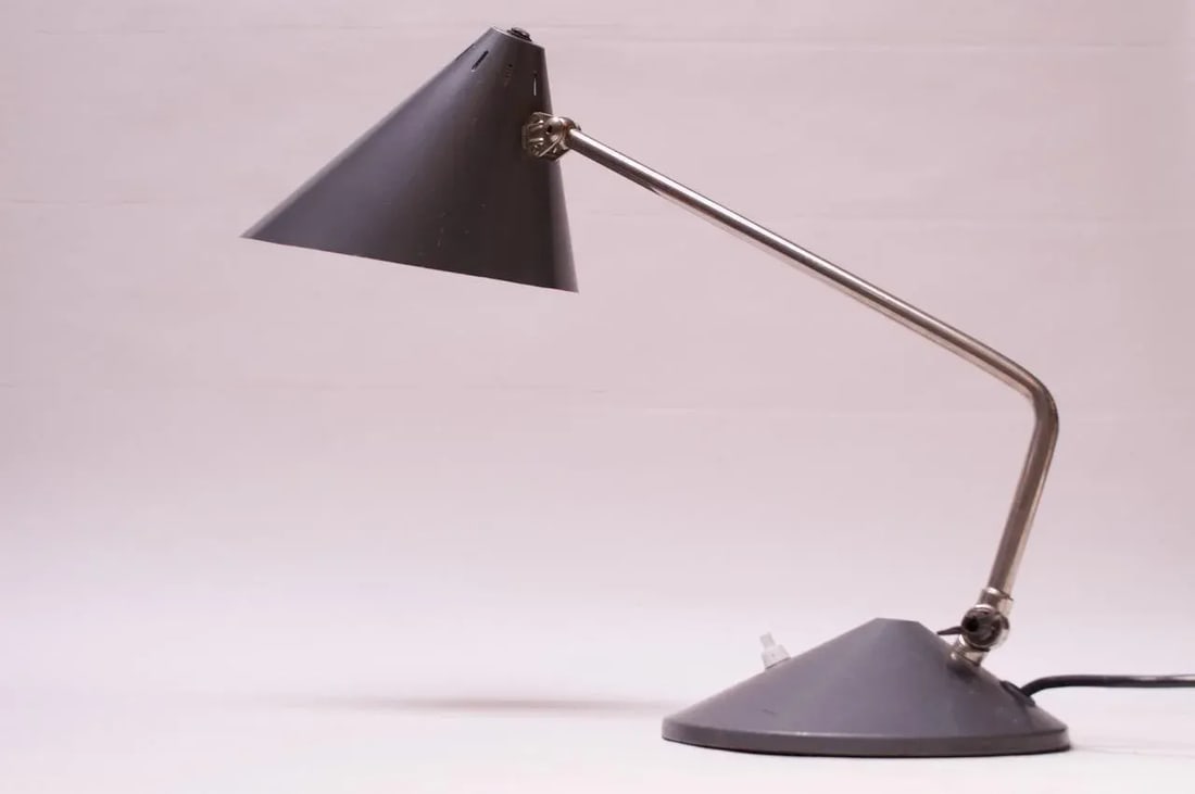 Dutch Chrome and Painted Gray Metal Task Lamp with Oversized Shade by Hala - 2