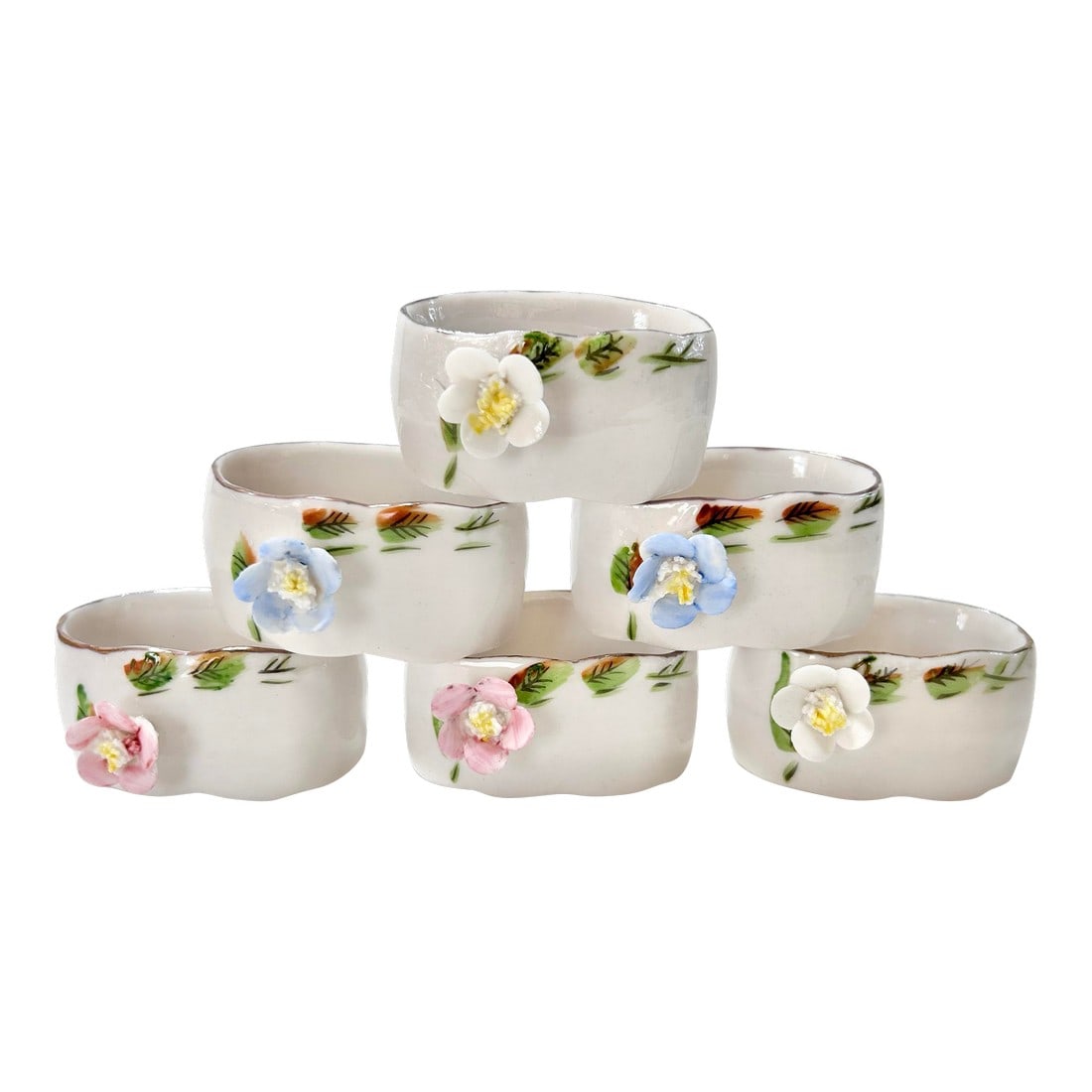 Vintage Hand-Painted Floral Porcelain Napkin Rings With Applied Flowers "“ Set of 6, Shafford: Charming Shafford China vintage porcelain napkin rings featuring hand-painted floral motifs and sculptural applied blossoms, each finished with delicate raised petals and soft pastel glazing. Likely m