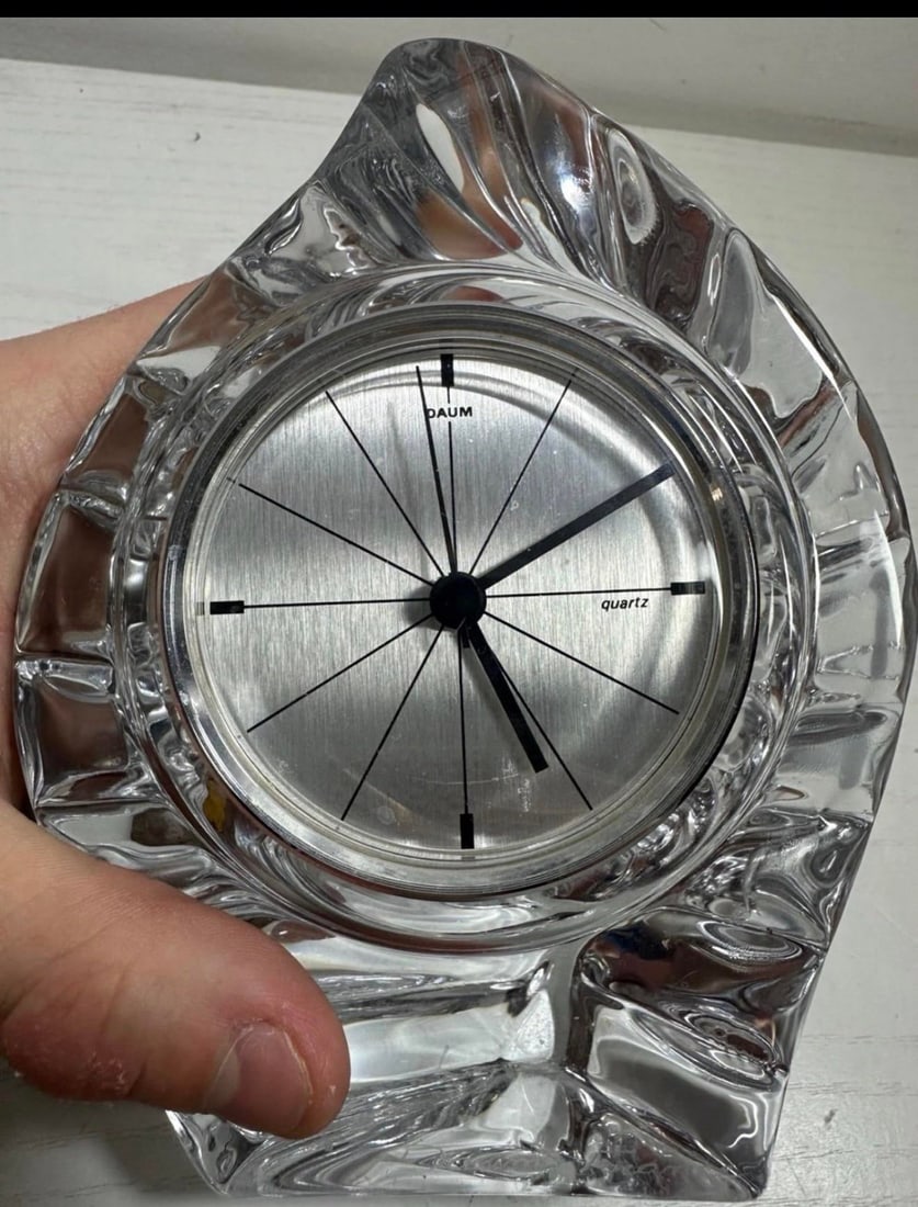 Daum France Vintage Crystal Art Glass Leaf Form Signed Clock Working - 3