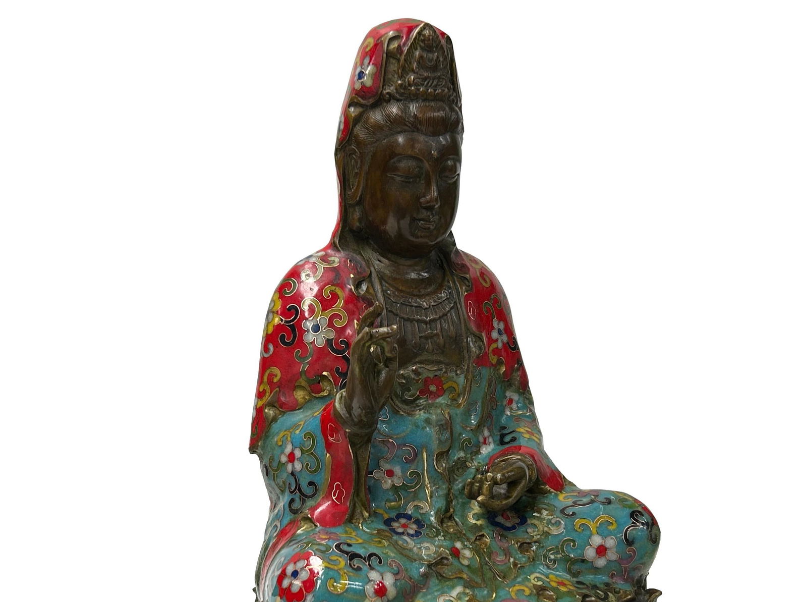Vintage Cloisonne Enamel Lotus Base Bodhisattva Metal Buddha Statue - 11