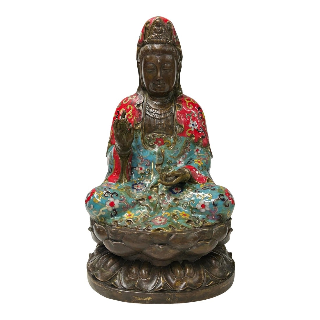Vintage Cloisonne Enamel Lotus Base Bodhisattva Metal Buddha Statue: This ornate bronze statue depicts Guanyin, the Bodhisattva of Compassion, seated in a meditative pose atop a tiered lotus throne. The figure is distinguished by a vibrant display of cloisonnÃ