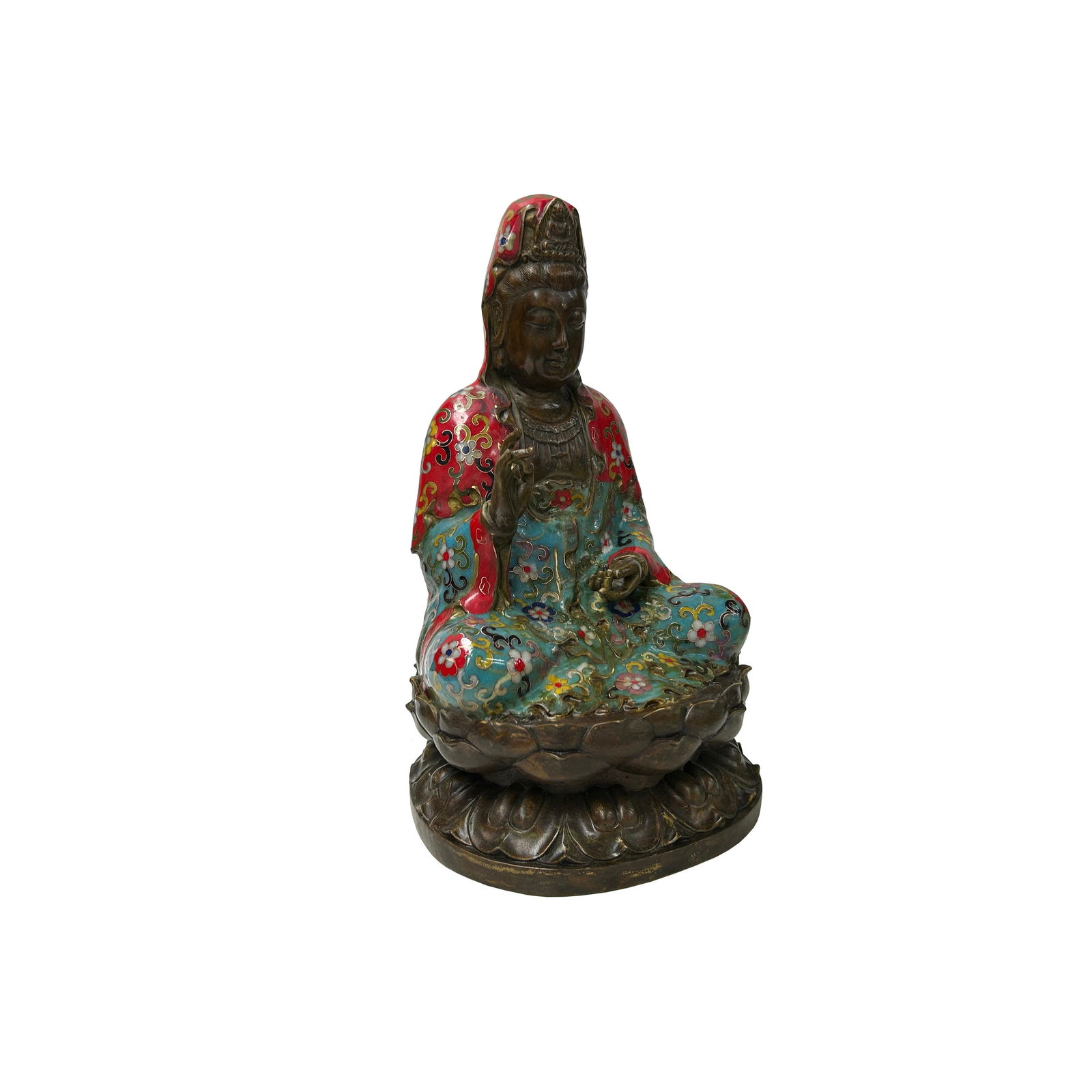 Vintage Cloisonne Enamel Lotus Base Bodhisattva Metal Buddha Statue - 2