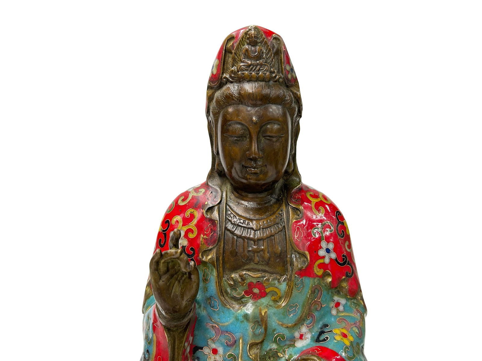 Vintage Cloisonne Enamel Lotus Base Bodhisattva Metal Buddha Statue - 9