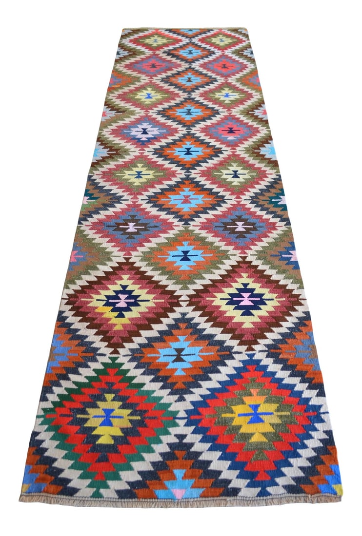 Vintage Turkish Hand Woven Kilim Rug: 1980s Vintage Turkish flat weave runner rug is used in very good condition Dimensions: 36,6" x 128" Excluding fringe Material: Wool on wool. Origin: Antalya Age: 50-60 years old Weight: ~ 11 lbs Condi