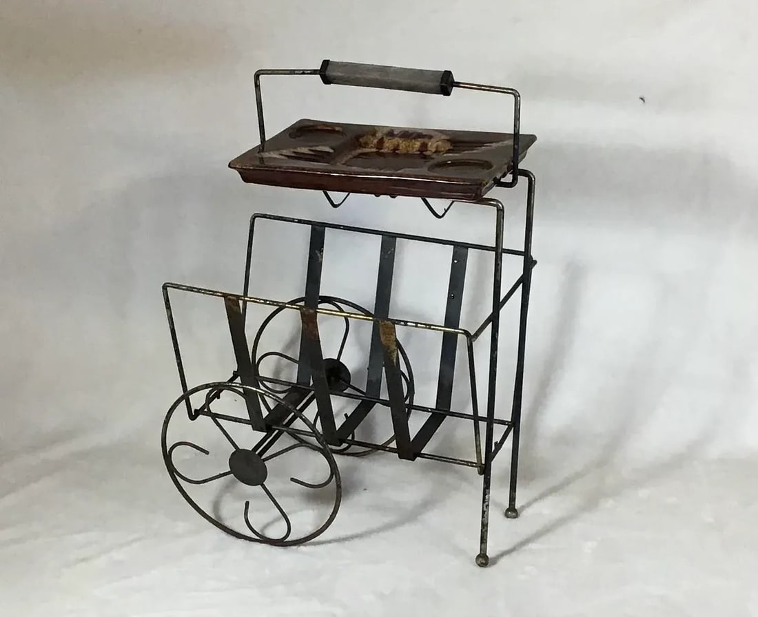 Vintage 1960's Mid-Century Mod Ceramic Sip & Smoke Ashtray on Record, Magazine Smoking Metal Cart/St - 11