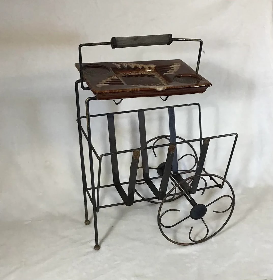 Vintage 1960's Mid-Century Mod Ceramic Sip & Smoke Ashtray on Record, Magazine Smoking Metal Cart/St - 13