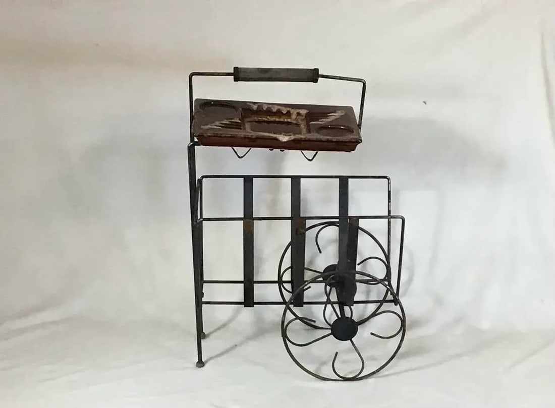 Vintage 1960's Mid-Century Mod Ceramic Sip & Smoke Ashtray on Record, Magazine Smoking Metal Cart/St - 2