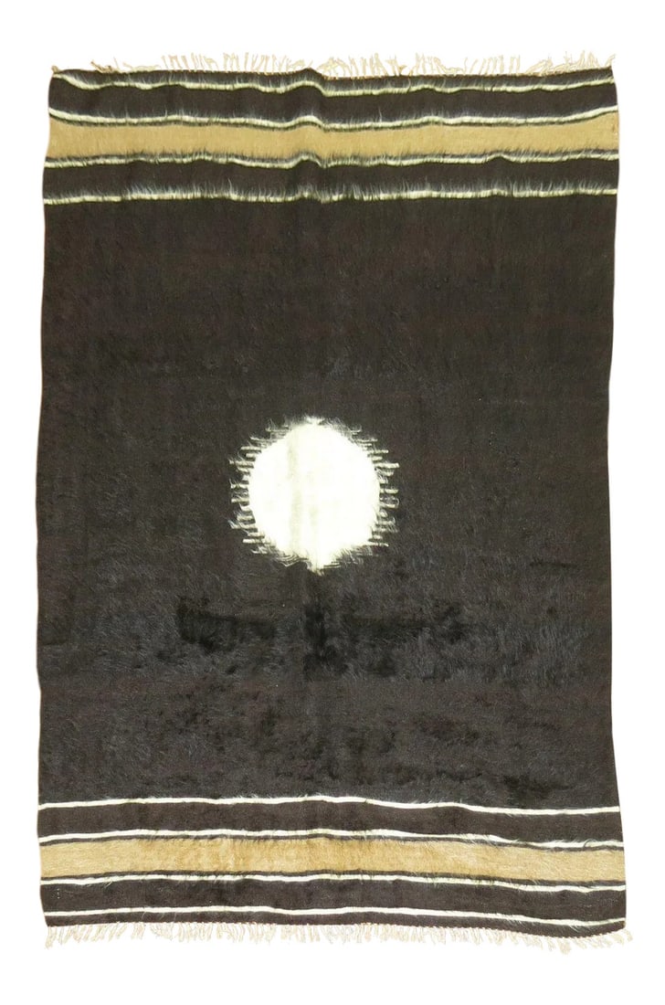 Sirt Vintage Turkish Rug, 4'6'' X 6': A mid-20th century one-of-a-kind Turkish Sirt rug woven with mohair wool. These pieces are inspired by traditional tribal weaving's but they are used mostly for decorative purposes and have a strong m