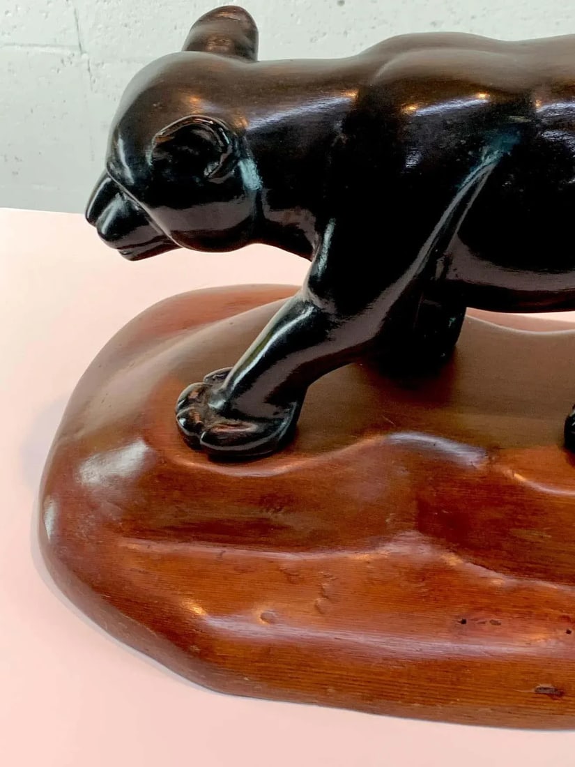 Mid 20th Century French Modern Carved Wood Sculpture of Black Panther/ Jaguar - 4