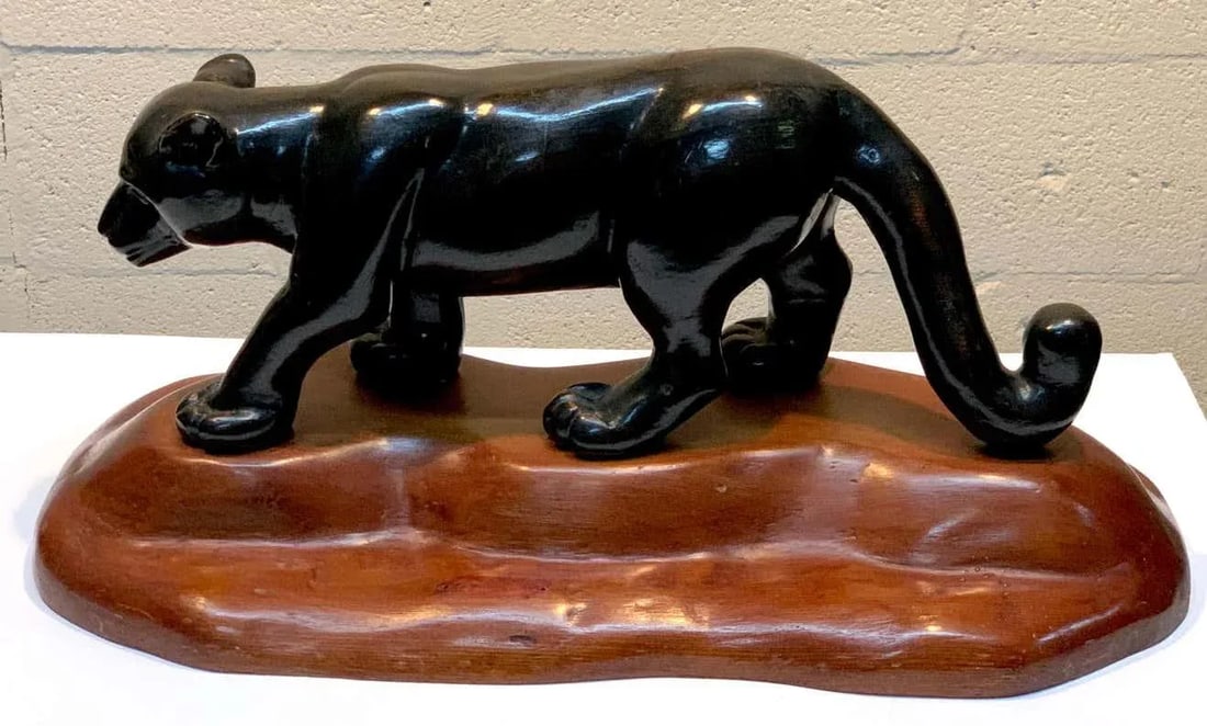 Mid 20th Century French Modern Carved Wood Sculpture of Black Panther/ Jaguar - 8