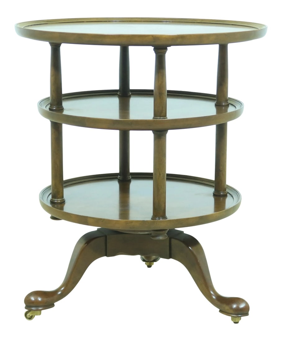 Baker Round English Style Walnut Tiered Table: Approx: 40 Years Old High Quality Construction Queen Anne Legs & Pad Feet Revolving Base Nice Walnut Finish Brass Caster Feet Un-Marked As To Manufacture Condition: Excellent Condition - Minor