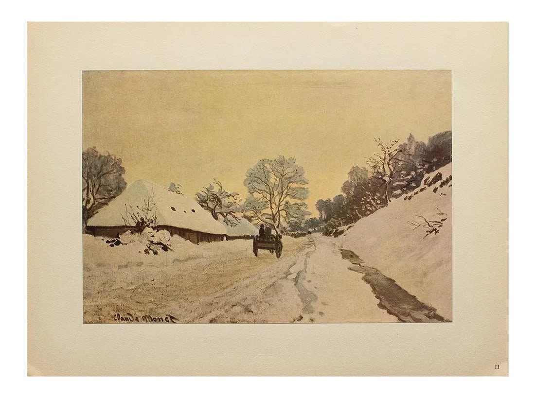 1950 After Claude Monet "A Cart on a Snowy Road at Honfleur" First Edition Parisian Print: An excellent rare full-color print of painting "A Cart on a Snowy Road at Honfleur" (1865-1867) by Claude Monet. Comes from a rare First Limited Edition folio published by Editions du Chene in Paris,